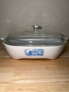 Corning Ware (Amana Radarange) White with Blue House & Scene Browning Casserole